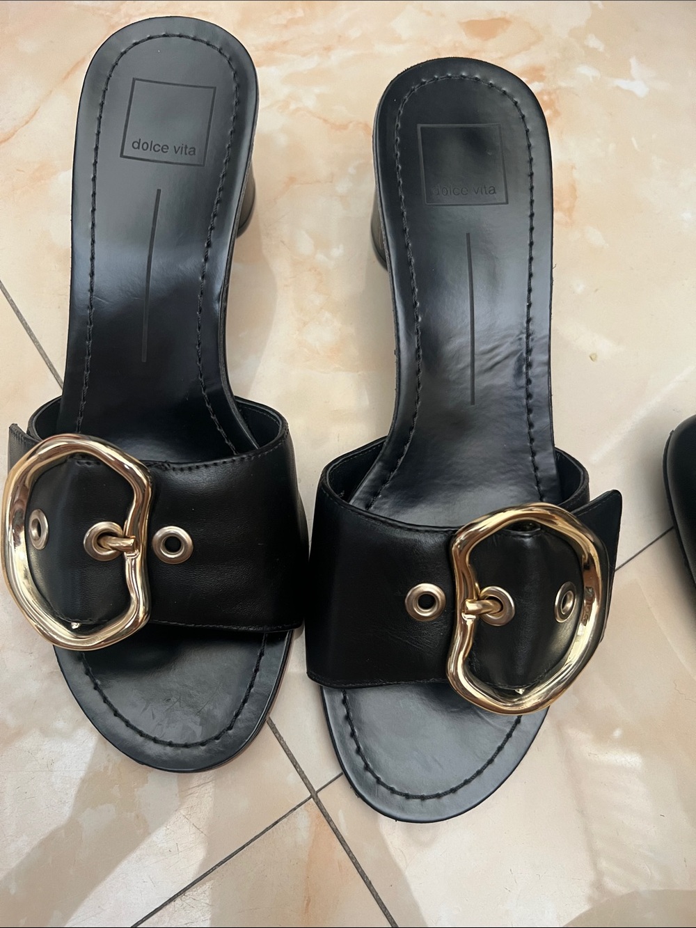 Dolce Vita Black Slide Mules with Gold Buckle Accent